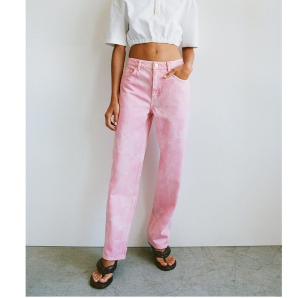 ZARA PINK AND WHITE TIE-DYE WIDE- LEG JEANS